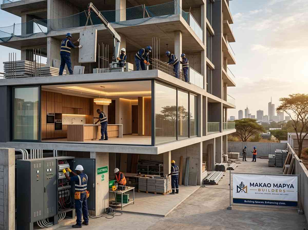 High-rise commercial building under construction in Westlands Nairobi with tower crane and site workers, delivered by Makao Mapya Builders