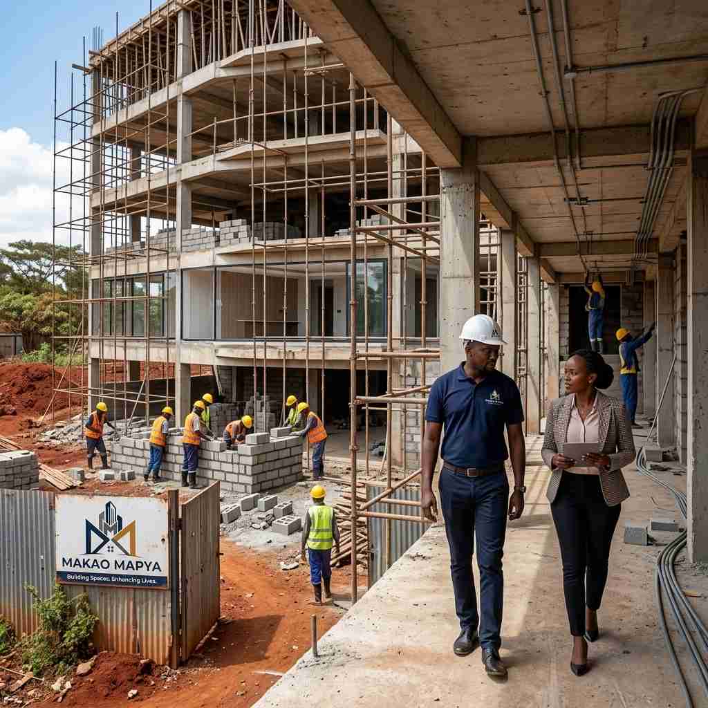Makao Mapya Builders site manager walking a client through a construction project on site