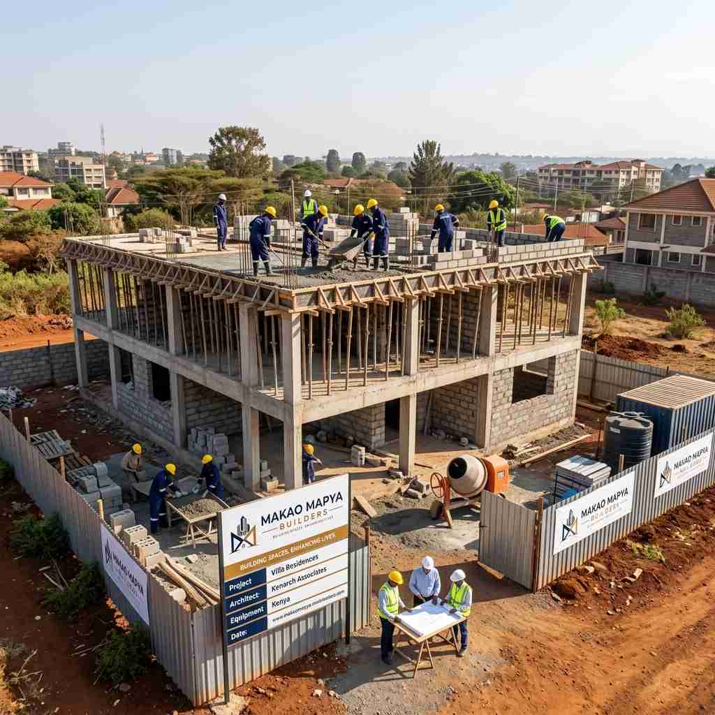 Aerial view of an industrial park project site with signboard where Makao Mapya Builders installed lighting and backup power