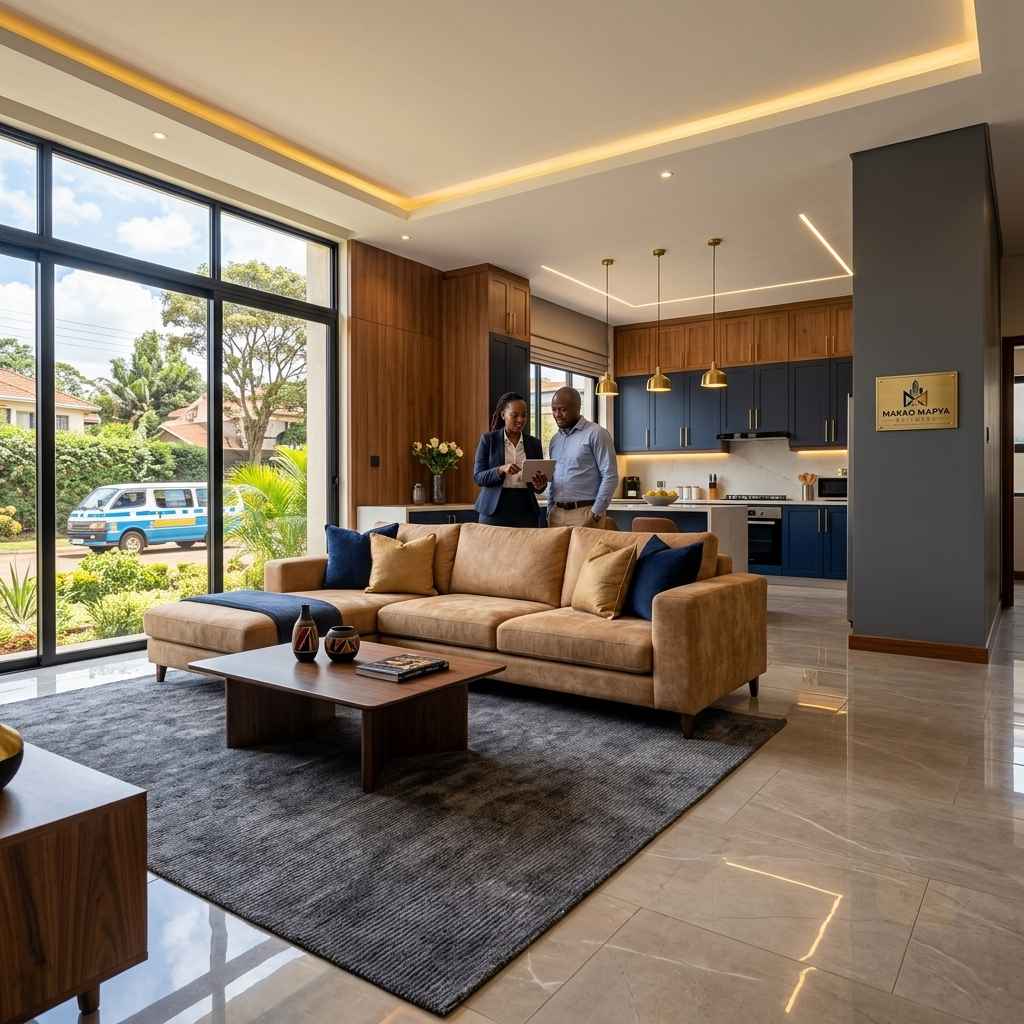 Makao Mapya Builders consultant discussing project options with a client in a living room