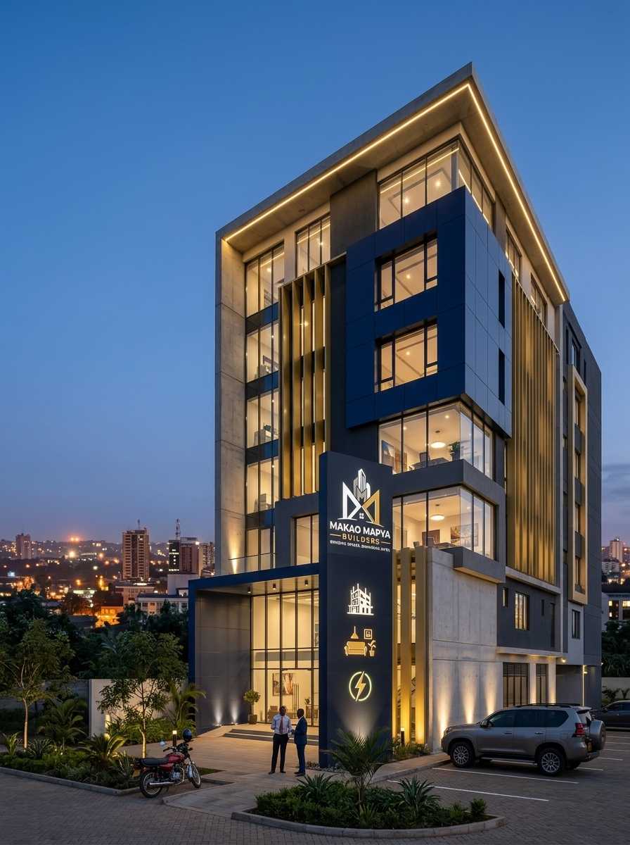 Modern building illuminated at night showing completed electrical installation and lighting work by Makao Mapya Builders